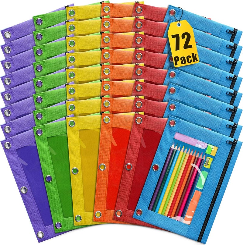 YEGEER حقيبة أقلام لملف 3 حلقات، 72 حقيبة أقلام مع سحاب ونافذة شفافة - 6 ألوان متنوعة، حقيبة أقلام بالجملة لملف 3 ثقوب، حقيبة تخزين متعددة الاستخدامات للمكتب، مستلزمات المدرسة (72) - Image 1